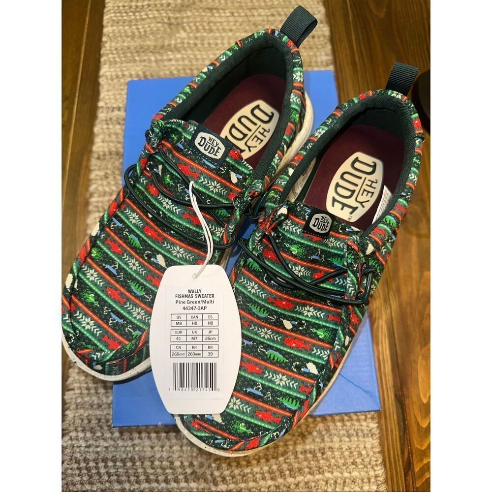 Hey Dude Men's Wally Fishmas Sweater Pine Green/Multi Shoes NIB! 2025 Size 9